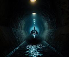 Submarine navigating through a dimly lit tunnel photo