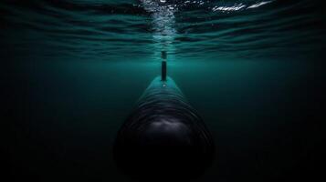 Submarine navigating underwater in deep ocean environment photo