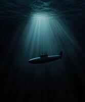 Submarine exploring the depths of the ocean with sunlight rays photo