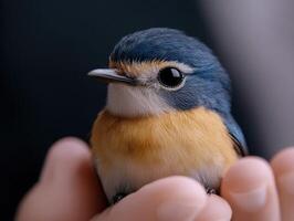 Robin perched gently on a hand, showcasing vibrant plumage photo