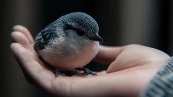 Cute robin perched gently on a human hand in soft light photo