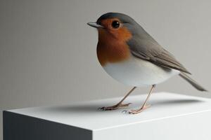 Robin perched gracefully on a small white platform indoors photo