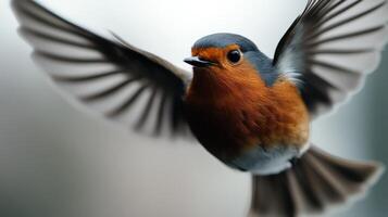 Robin soaring with vivid plumage in blurred backdrop photo