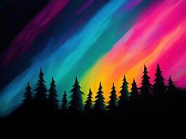 Vibrant aurora colors shine over silhouetted pine trees photo