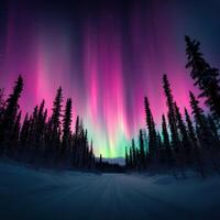 Colorful aurora borealis illuminates a winter night landscape photo