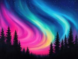 Colorful aurora lights up the night sky over a wooded landscape photo