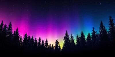 Colorful aurora borealis shines over a forest landscape photo