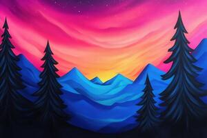 Vibrant sunset over mountains with silhouetted pine trees photo