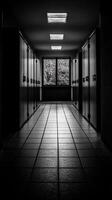Long hallway with lockers and a window during evening hours photo