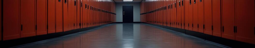 Long corridor with orange lockers in a school environment photo
