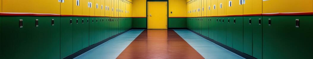 Colorful school hallway with green and yellow lockers photo