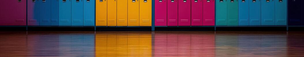 Colorful lockers reflect on polished school hallway floor photo