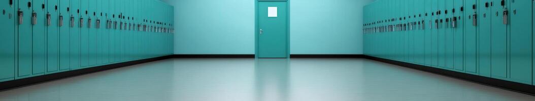 Hallway lined with teal lockers leading to a door photo