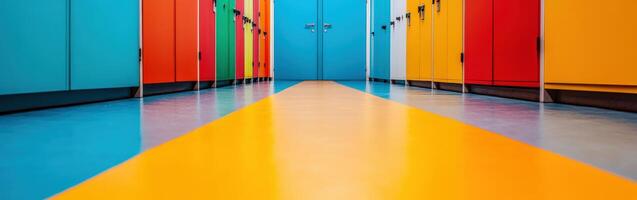 Colorful hallway with bright lockers and patterned floor photo