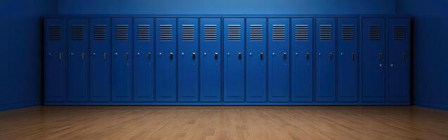 Blue lockers against a blue wall in a modern setting photo