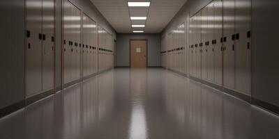 Empty school hallway with lockers and closed doors in daylight photo