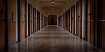 Long, dimly lit corridor with wooden doors in a building photo