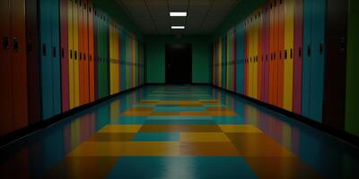 Colorful school hallway with lockers in vibrant hues photo