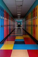 Colorful school hallway with lockers and tiled floor photo