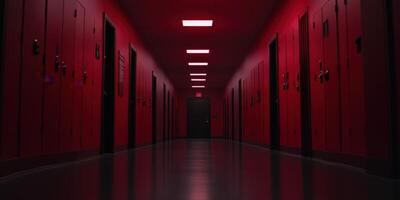 Dark hallway in a building with red lighting effects photo