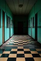 Distinctive hallway with checkered floor and teal walls photo
