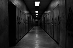 Dark hallway with lockers in an empty building photo