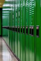 School hallway with vibrant green lockers in focus photo