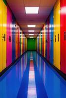 Brightly colored hallway lined with lockers in a school photo