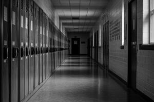 Empty school hallway with lockers and dim lighting in morning photo