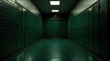Long hallway lined with dark green lockers at school photo