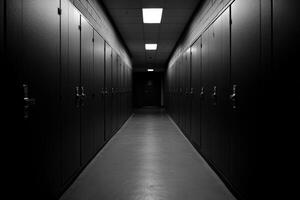 Dark corridor lined with lockers in a quiet building photo