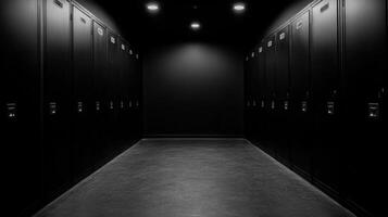 Dark hallway with black lockers and minimal lighting photo