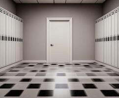 Empty hallway with lockers and a closed door at dusk photo