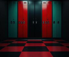 Colorful lockers lined in a hallway with checkerboard floor photo