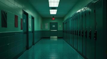 Empty school hallway with green lockers and dim lighting photo