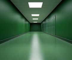 Long green corridor with lockers in a modern school photo