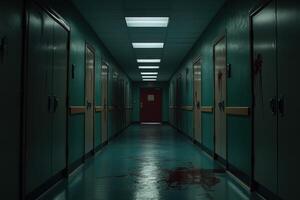 Dark hospital corridor with signs of chaos and distress photo