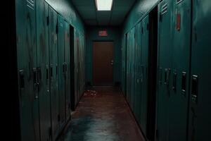 Dark hallway with lockers in an abandoned building photo