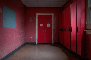 Abandoned hallway with red lockers in a vacant building photo