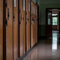 Hallway lined with wooden lockers in a quiet school setting photo