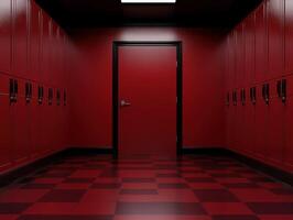 Hallway with red lockers and a closed door at the end photo