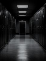 Dark corridor with lockers leading to an exit door photo