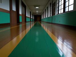 Hallway with vibrant green and yellow floor in school photo
