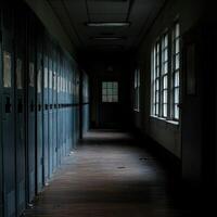 Dark corridor lined with lockers in an abandoned building photo