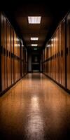 Empty school hallway with wooden lockers and dim lighting photo