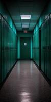Dark corridor with green lockers leading to a closed door photo