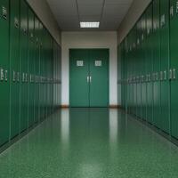 Hallway with green lockers leading to double doors photo