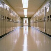 Quiet school hallway with lockers during midday photo