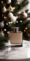 Elegant perfume bottle with festive decorations on display photo