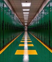Long corridor of green lockers in a school building photo